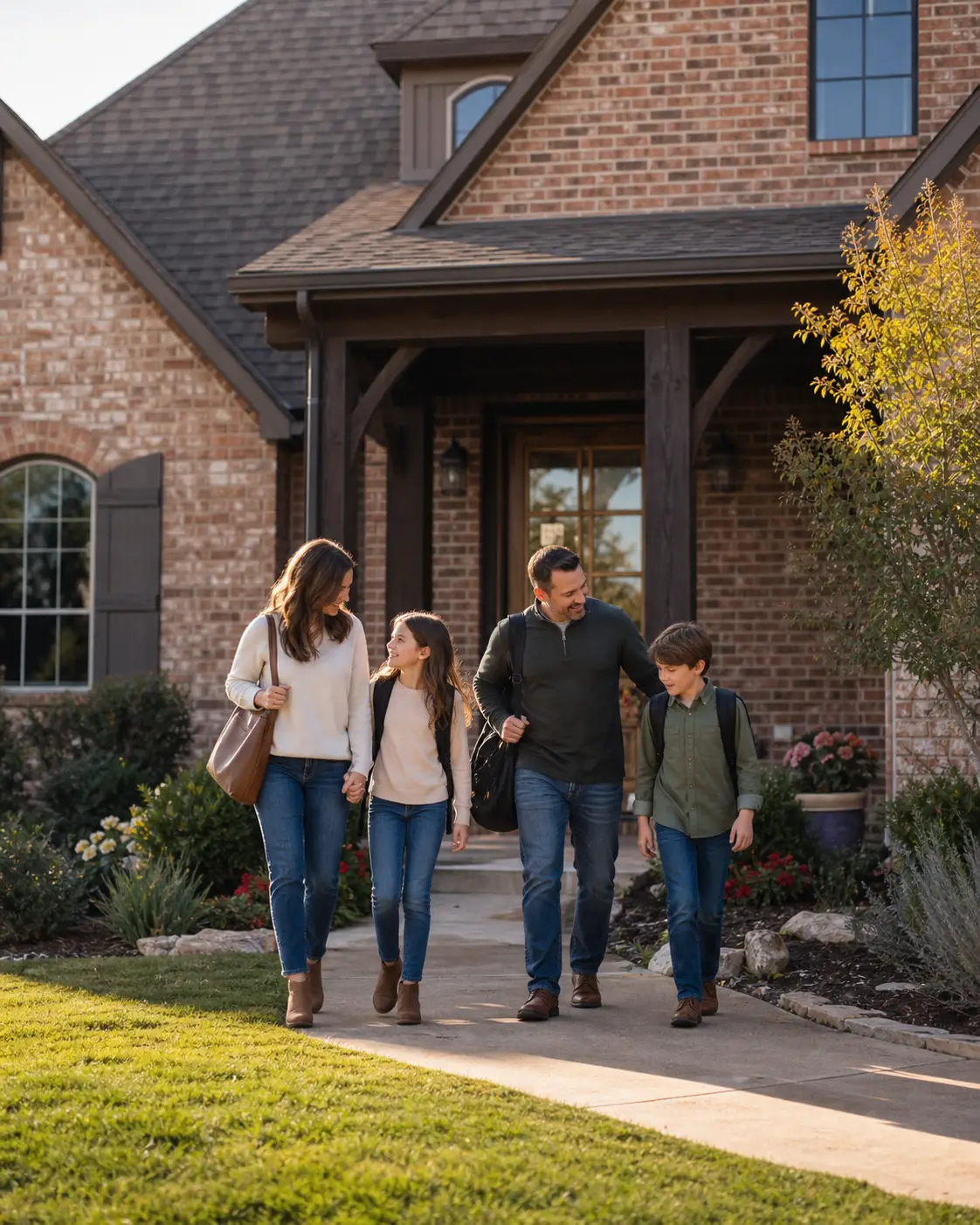 A family walking together outside their brick home
