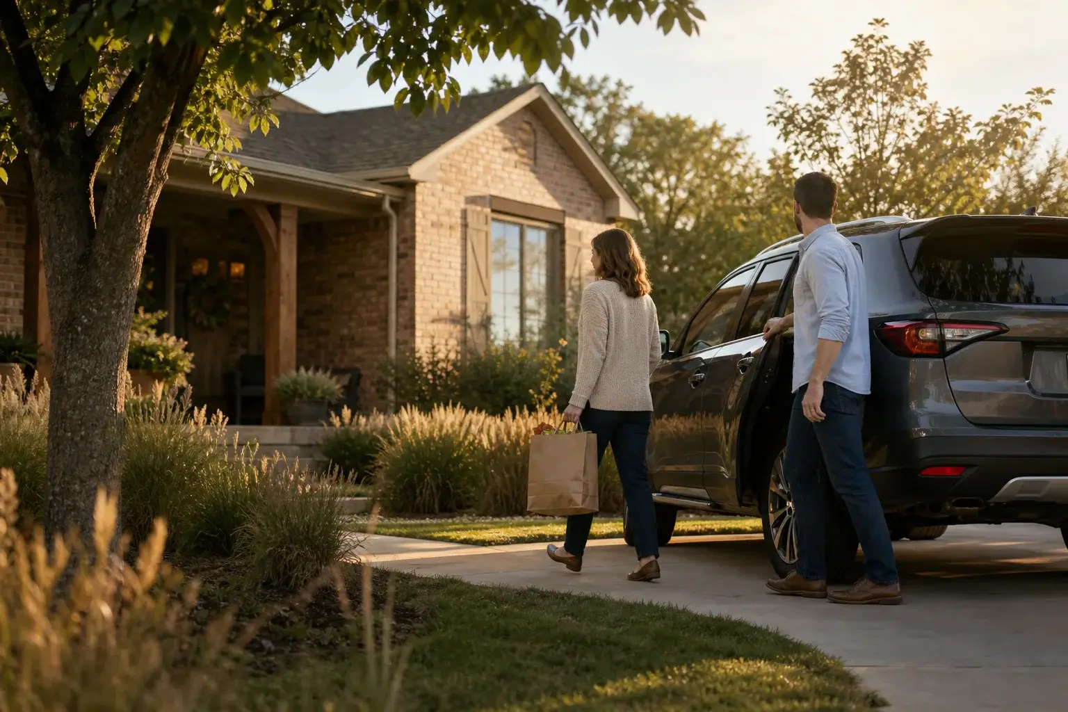 A couple arriving at their Edmond home beside their family vehicle